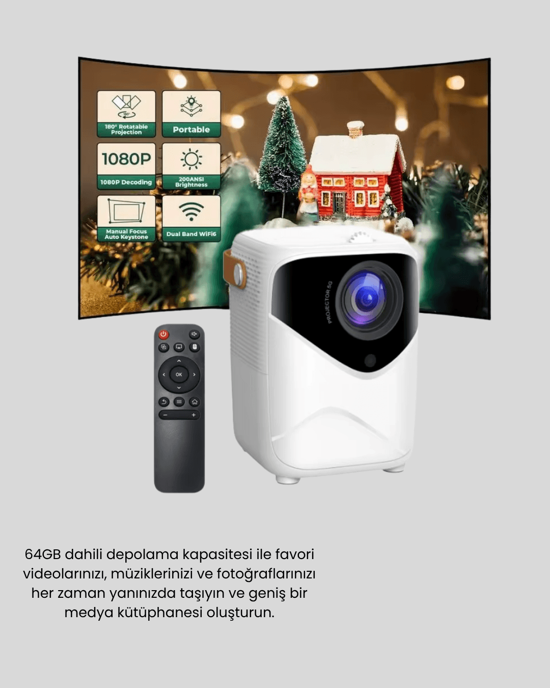 Taşınabilir 1080P HD Akıllı Projektör – 64GB Dahili Hafıza, 2GB RAM, Uzaktan Kumandalı 5