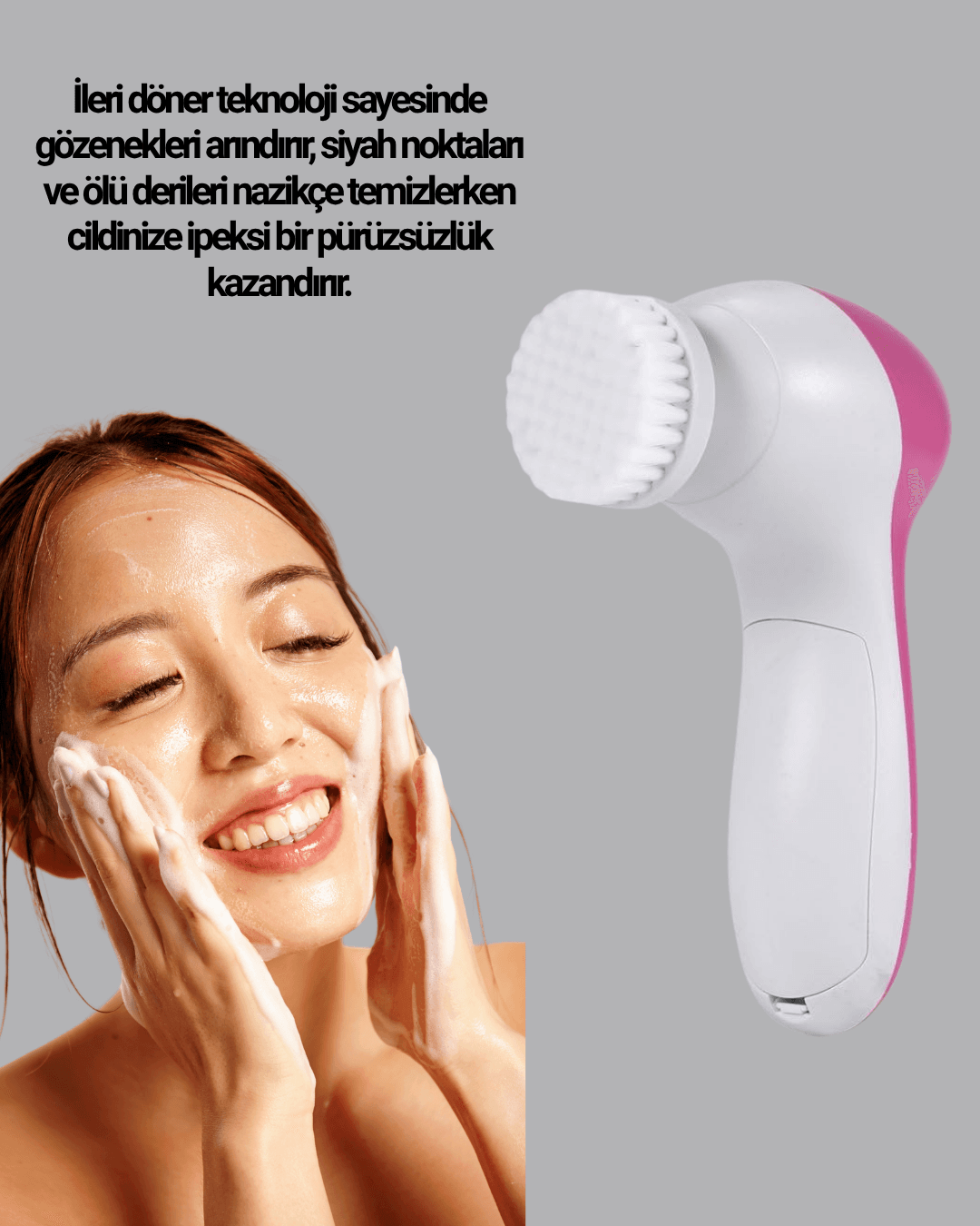 5’i 1 Arada Yüz Temizleme Cihazı – Masaj, Fırça, Peeling ve Krem Uygulama Aparatlı 5