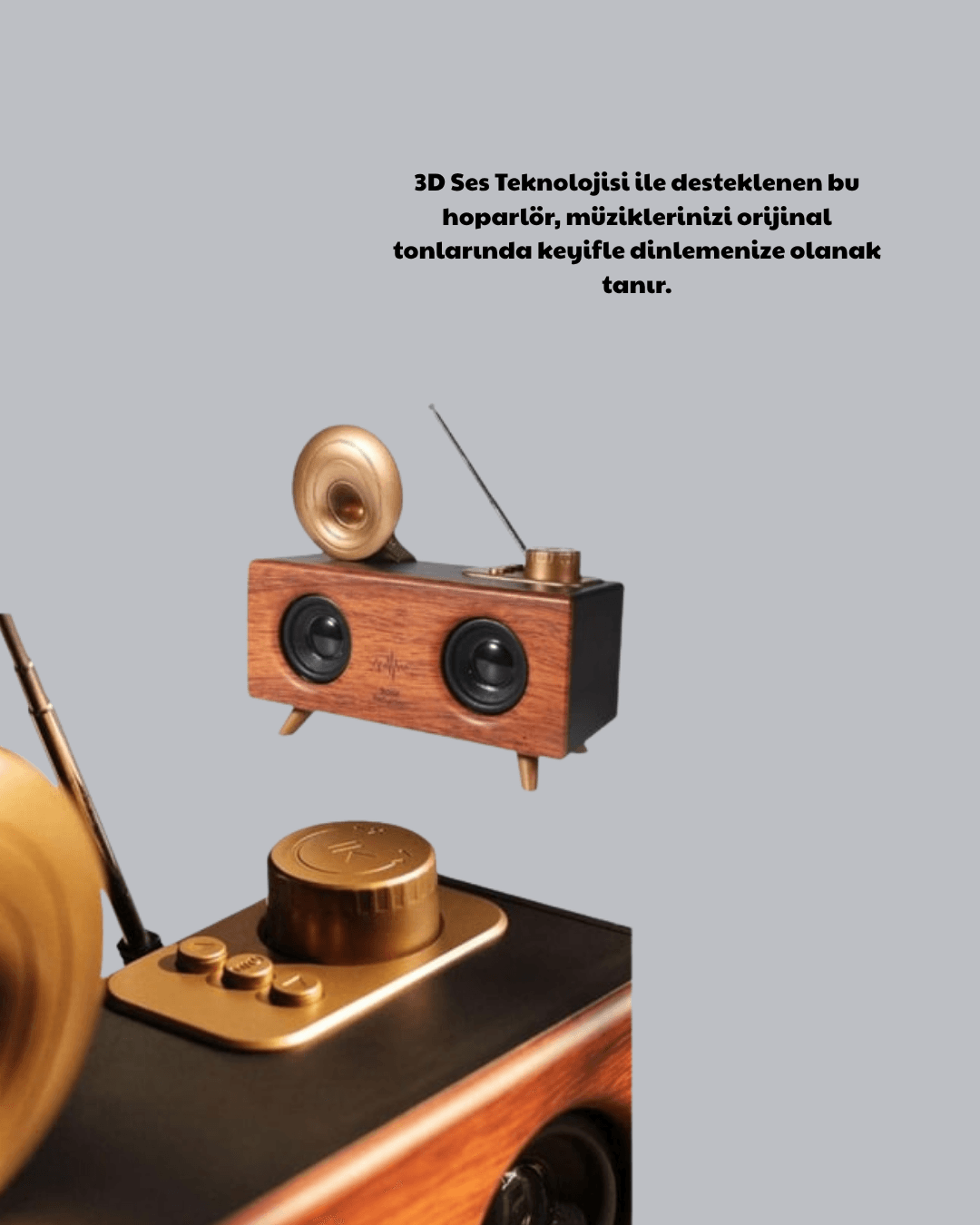 Retro Gramofon Tasarımlı Bluetooth Hoparlör – 3D Stereo Ses, 1800 mAh Batarya 5