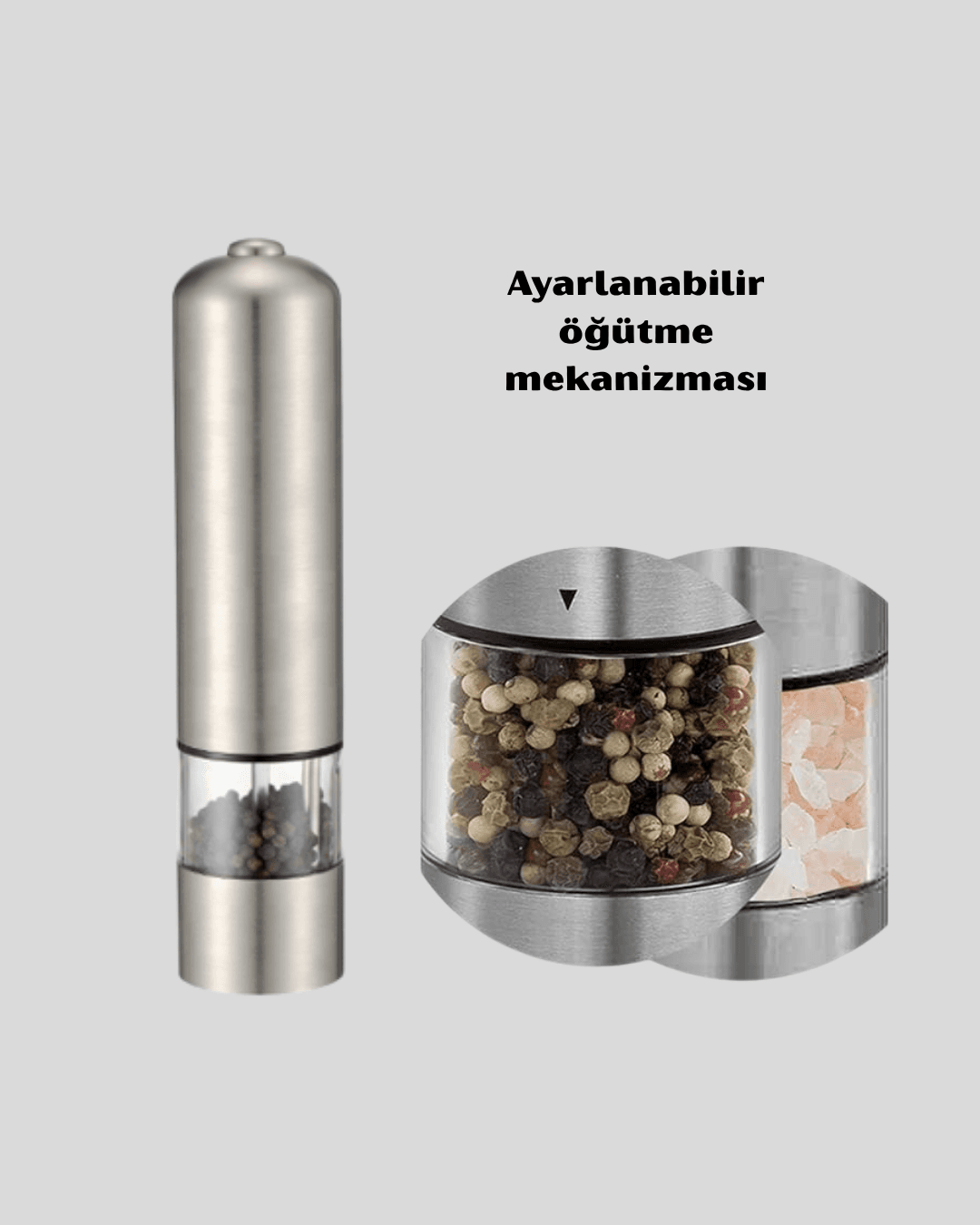 Modern Otomatik Baharat Öğütücü Seti – Pilli, Paslanmaz Çelik, LED Aydınlatmalı 5