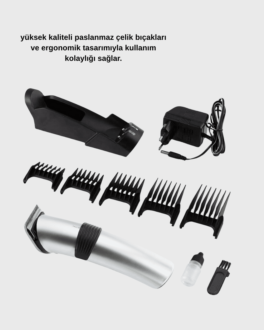 Profesyonel Şarjlı Saç ve Sakal Kesme Makinesi – Paslanmaz Çelik Bıçaklı, Ergonomik ve Sessiz Motorlu 6