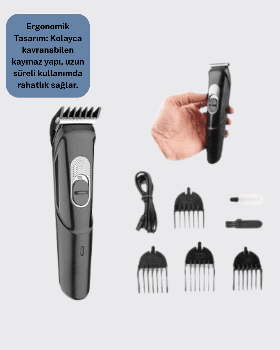 Kablosuz, Paslanmaz Çelik Bıçaklı Profesyonel Saç ve Sakal Tıraş Makinesi – Sessiz, Güçlü ve Ergonomik 5
