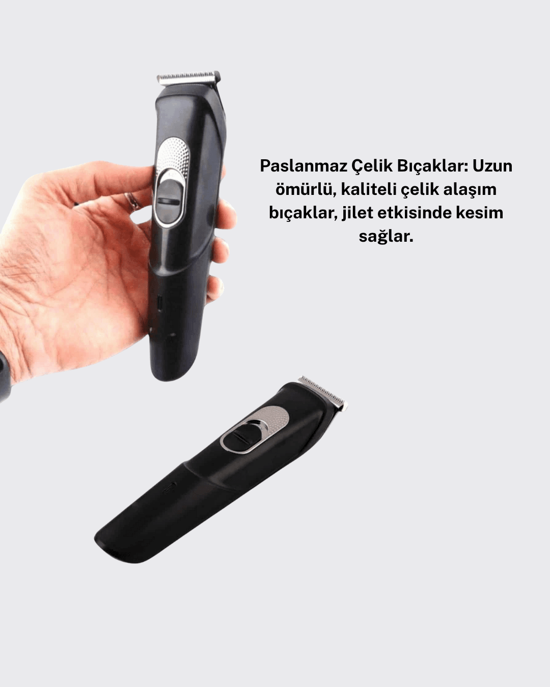 Kablosuz, Paslanmaz Çelik Bıçaklı Profesyonel Saç ve Sakal Tıraş Makinesi – Sessiz, Güçlü ve Ergonomik 4
