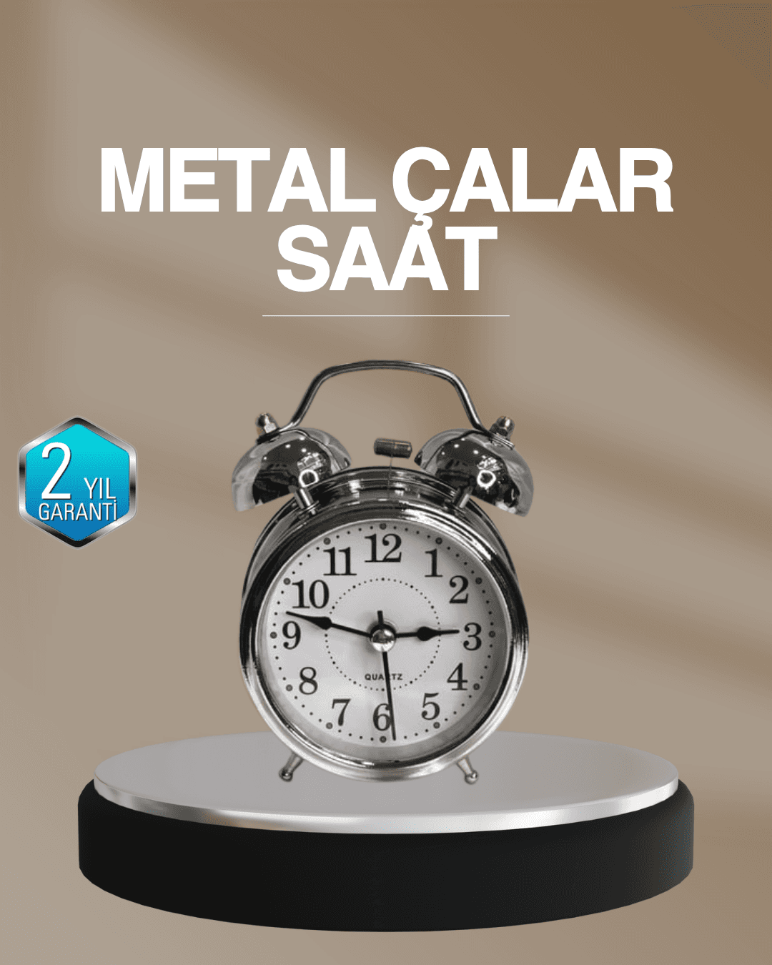 Dekoratif Yuvarlak Gümüş Sessiz Işıklı Masa Üstü Çalar Saat Alarmlı ve Şık Tasarım
