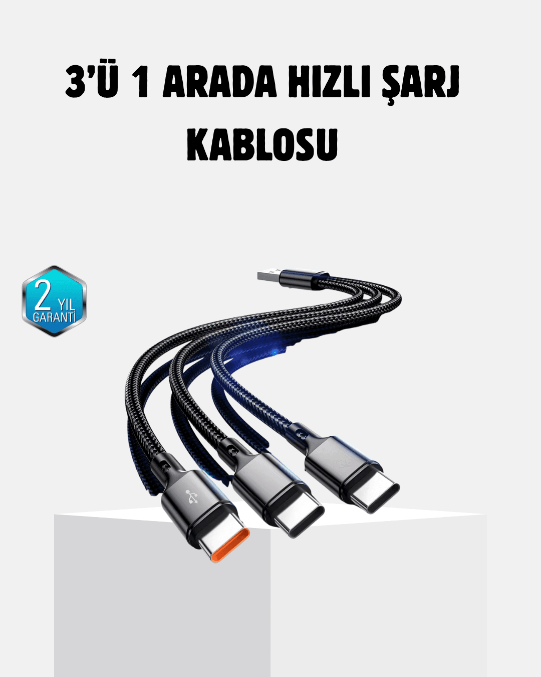 3 Başlıklı Hızlı Şarj Kablosu Metal Alaşımlı Dayanıklı Akıllı Çipli Type-C Micro USB Lightning