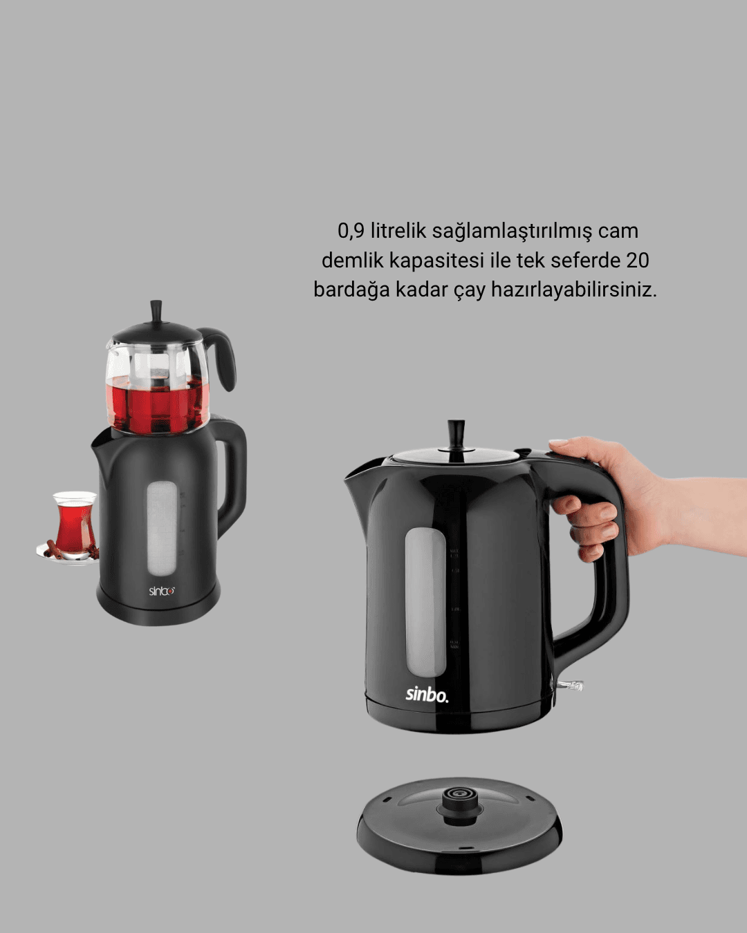 Sinbo Elektrikli Çay Makinesi 1.7 L Su Isıtıcı ve Cam Demlikli Güvenli Kullanım 3