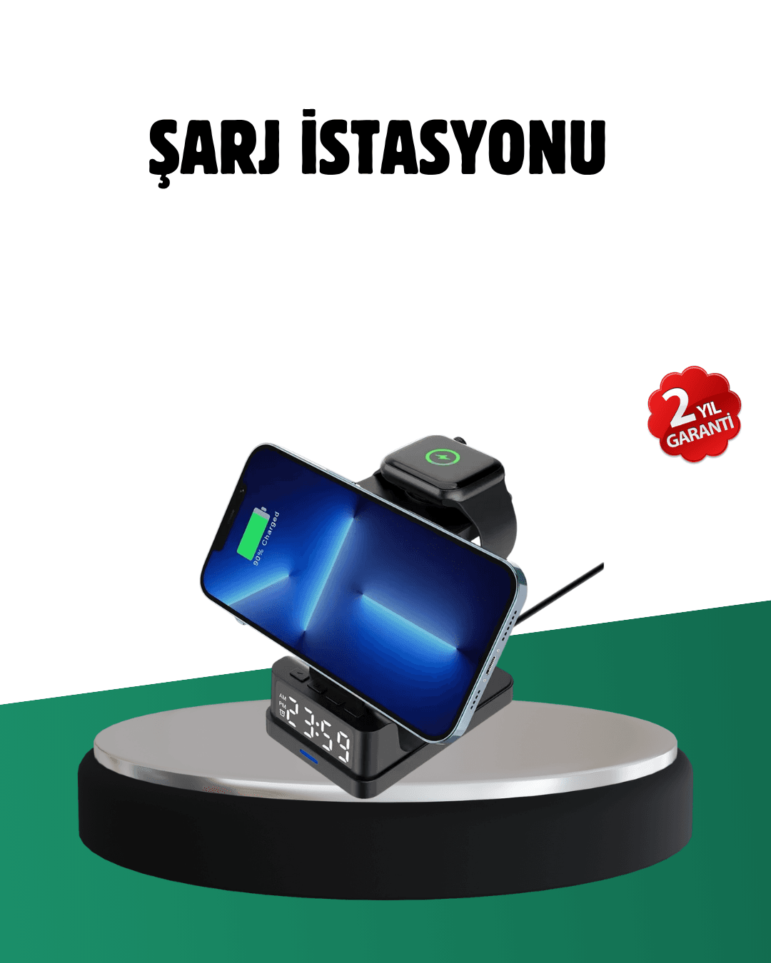 Kablosuz Şarjlı Dijital Masa Saati – 3 Parlaklık Seviyeli LED, Hızlı Şarj, Apple Uyumlu