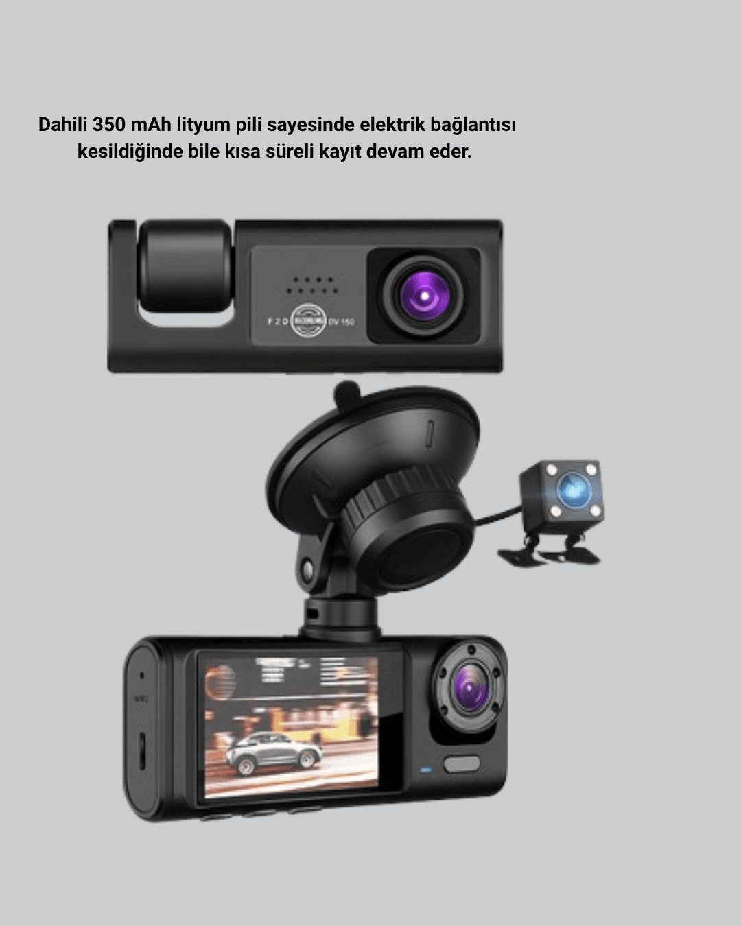 Üç Kameralı Araç DVR Full HD Gece Görüşlü ve 2 inç IPS Ekranlı 4