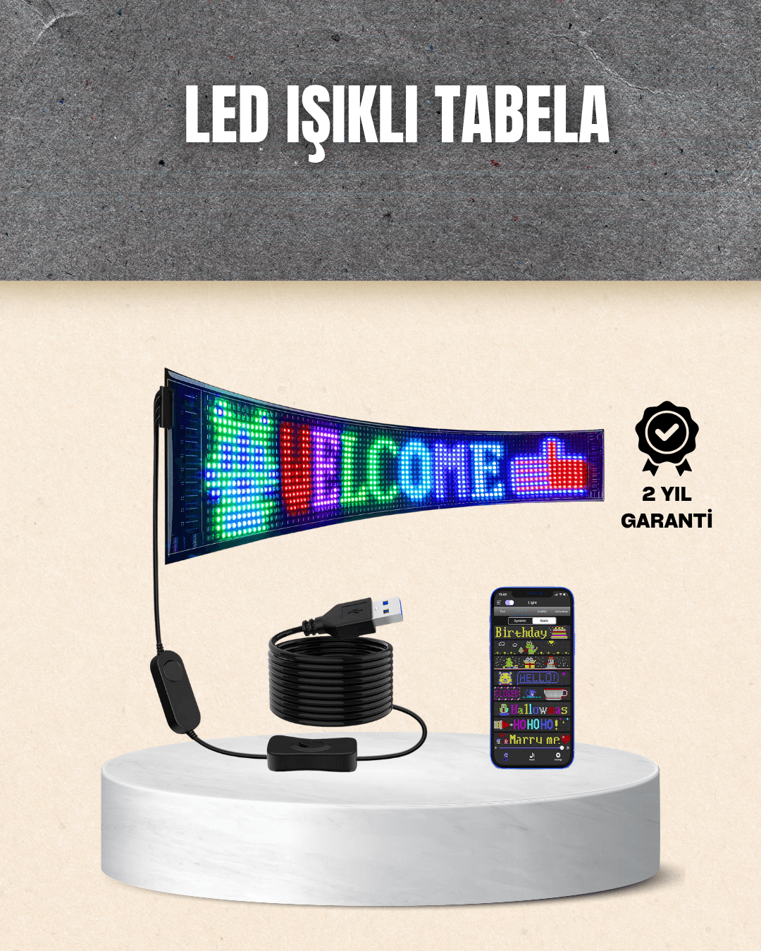 RGB Kayar Yazılı LED Reklam Ekranı – USB Bağlantılı Esnek Tasarım