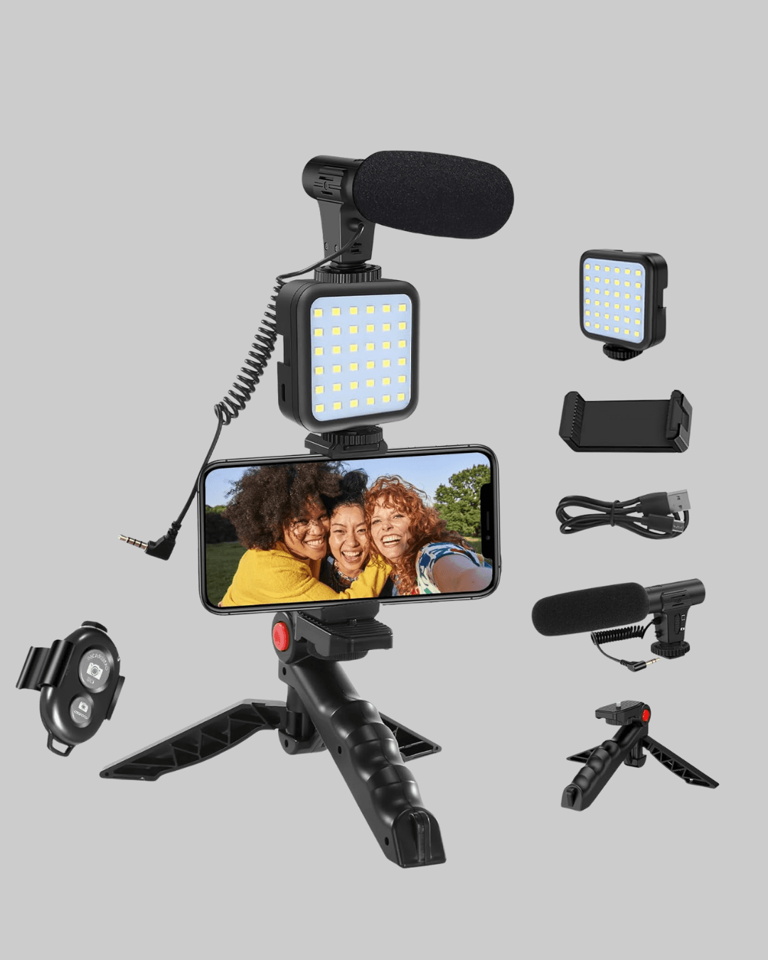 Profesyonel Vlog Çekim Kiti LED Işıklı Tripod Mikrofonlu Telefon Seti 4