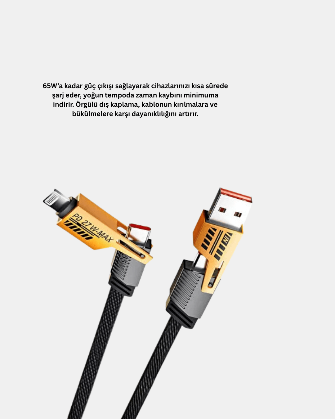 65W 4’ü 1 Arada Örgülü Hızlı Şarj Kablosu USB-C USB-A Çoklu Şarj Dayanıklı 4
