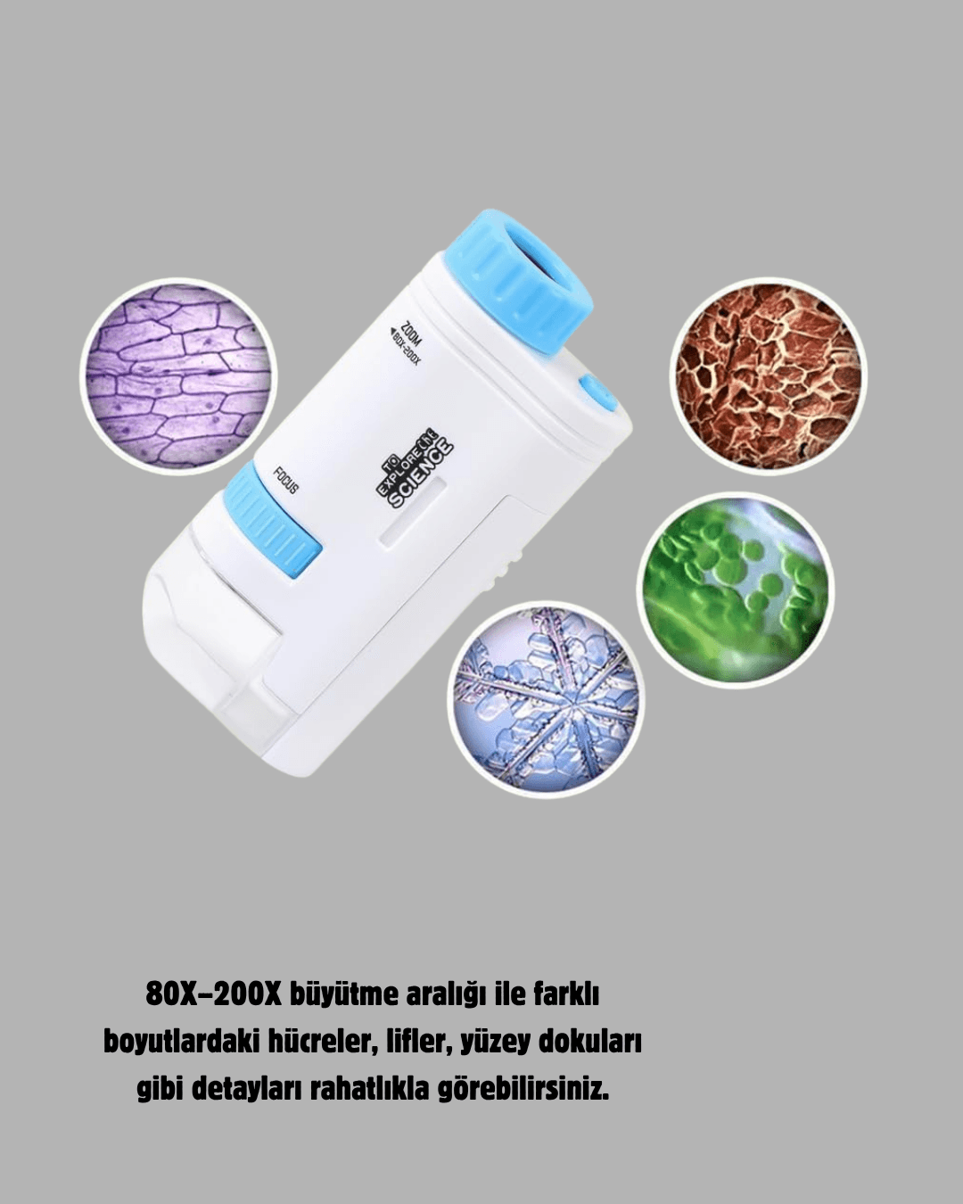 LED Işıklı Mikroskop 80X–200X Zoom Eğitici Bilim Seti ve Taşınabilir 4