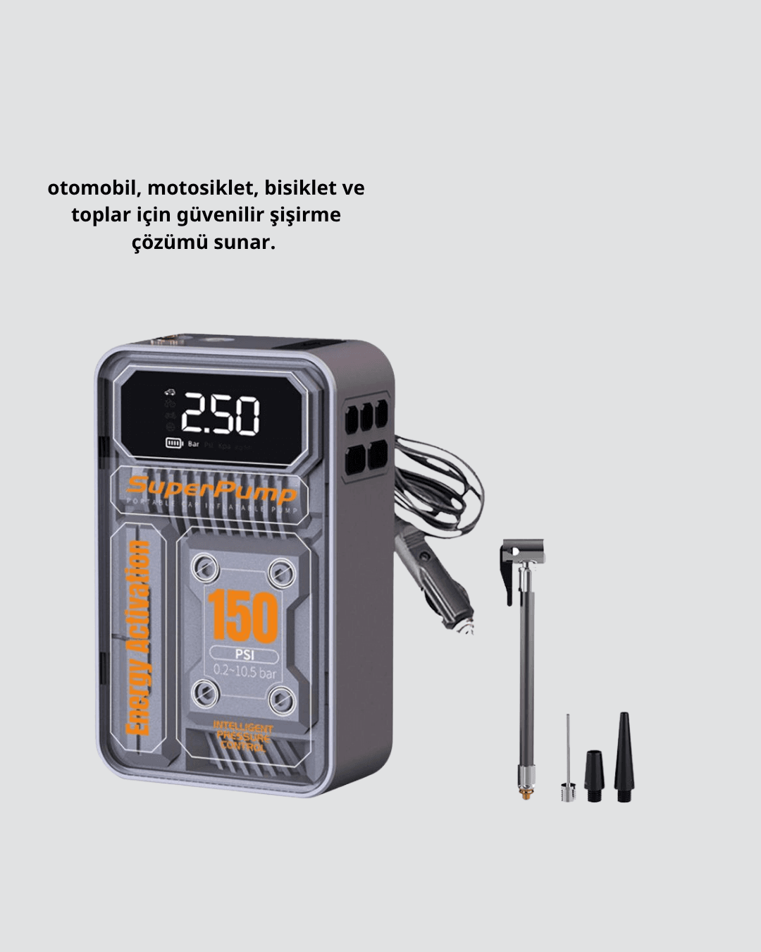 Şarjlı Kablosuz Hava Pompası – 150 PSI Basınç, LED Ekran ve 6000mAh Batarya 4