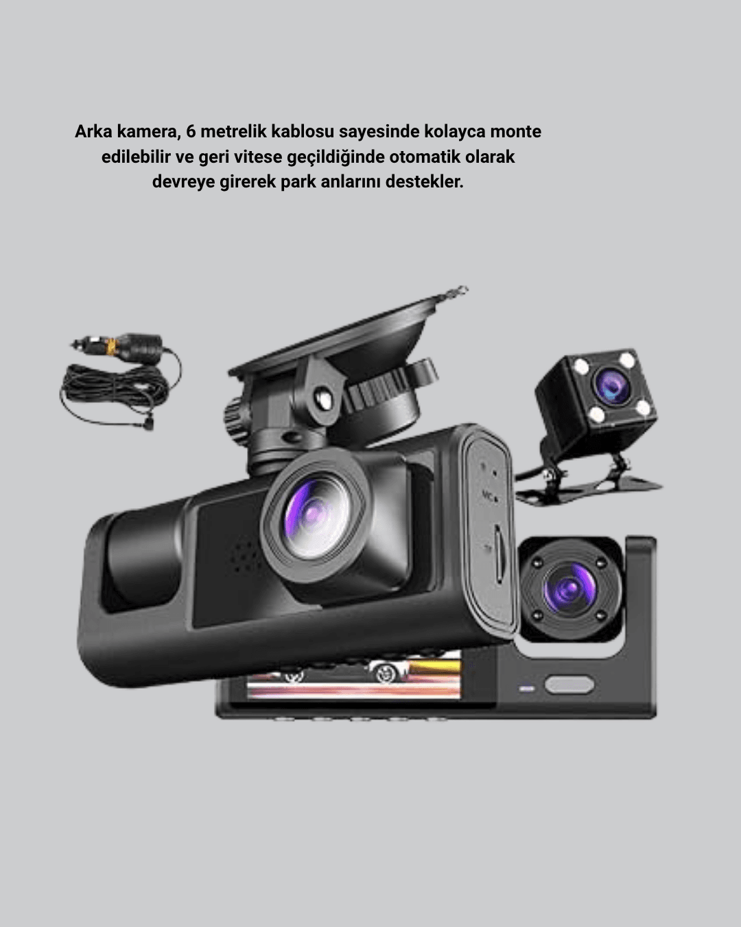 Üç Kameralı Araç DVR Full HD Gece Görüşlü ve 2 inç IPS Ekranlı 5