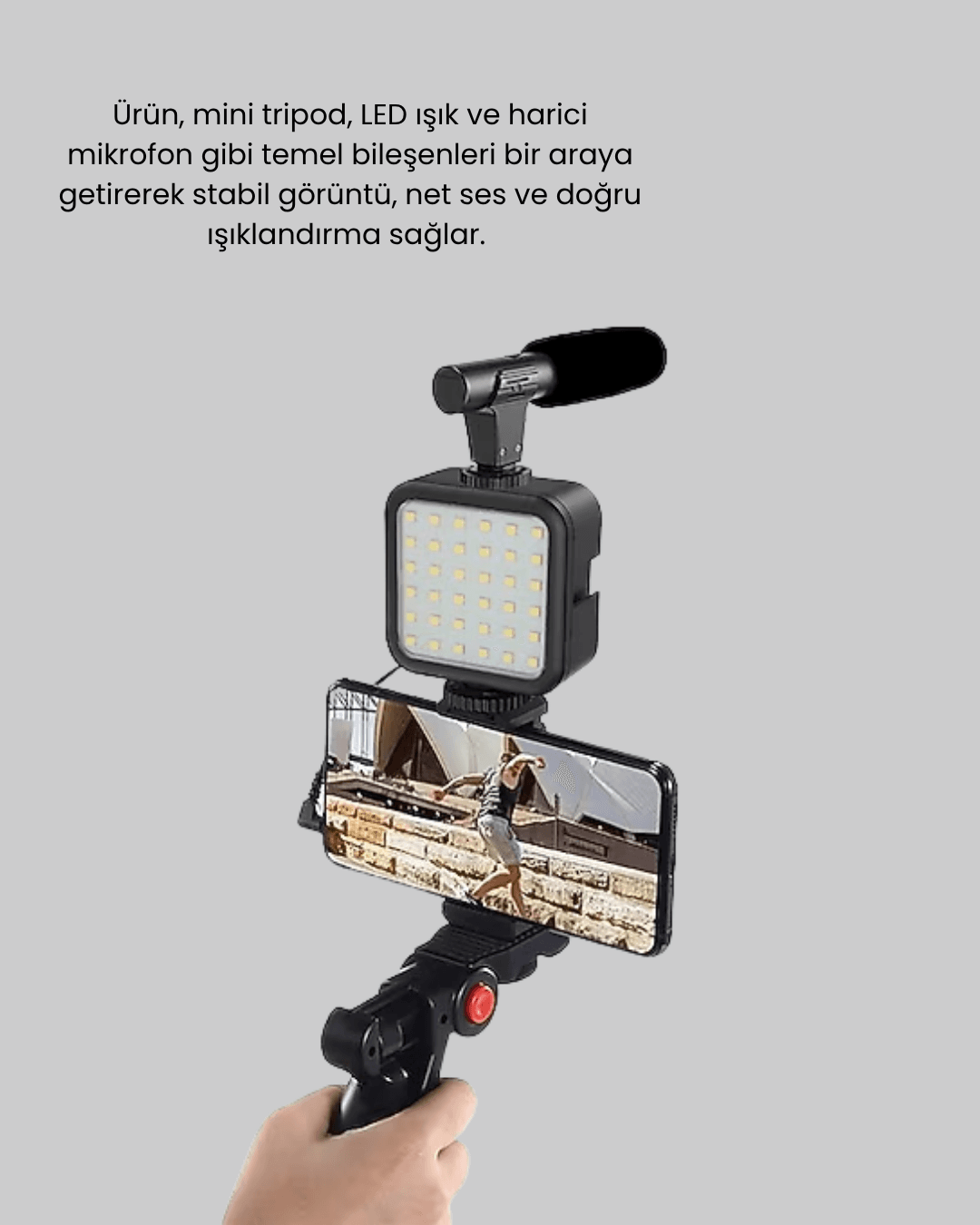 Profesyonel Vlog Çekim Kiti LED Işıklı Tripod Mikrofonlu Telefon Seti 5