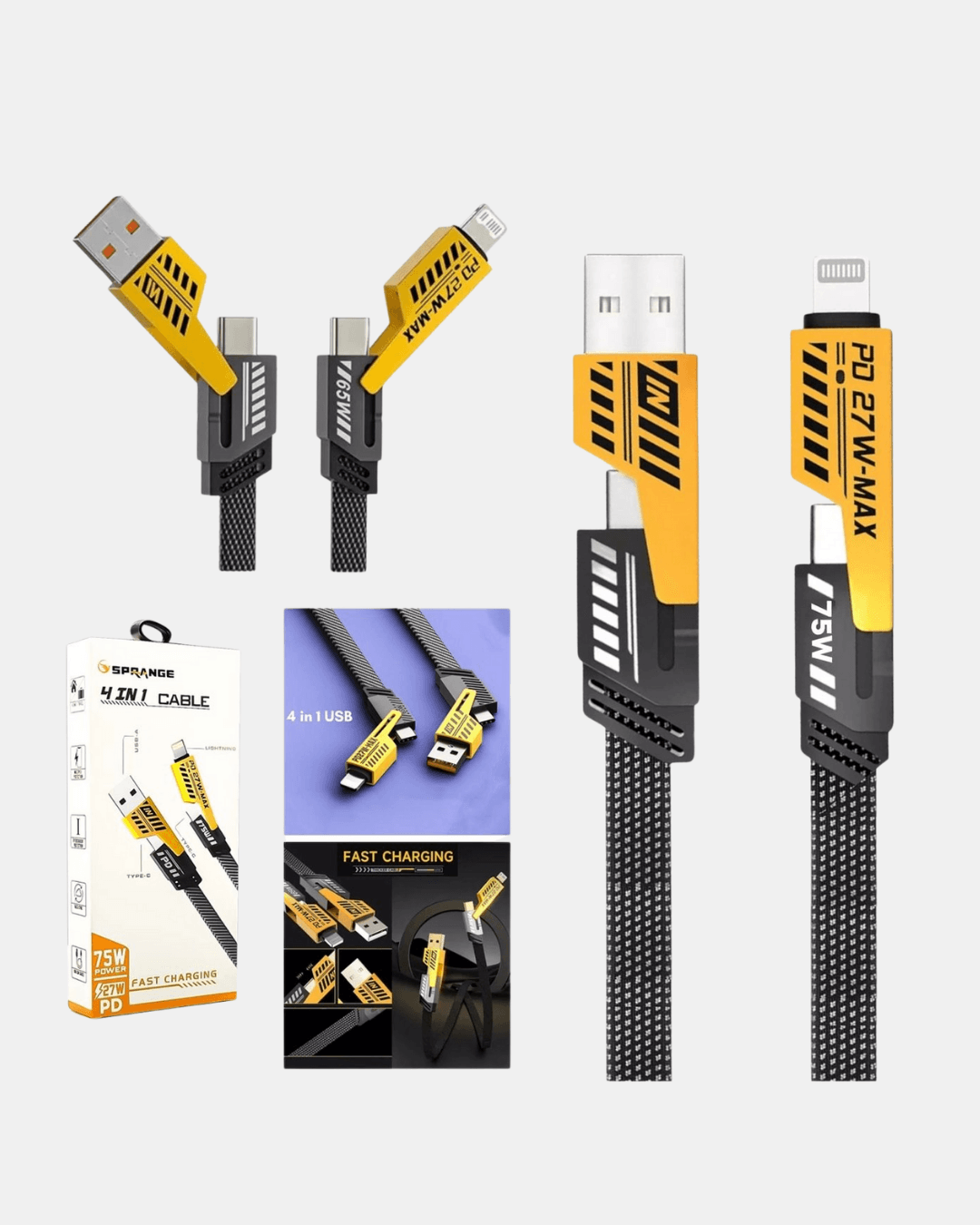 65W 4’ü 1 Arada Örgülü Hızlı Şarj Kablosu USB-C USB-A Çoklu Şarj Dayanıklı 5