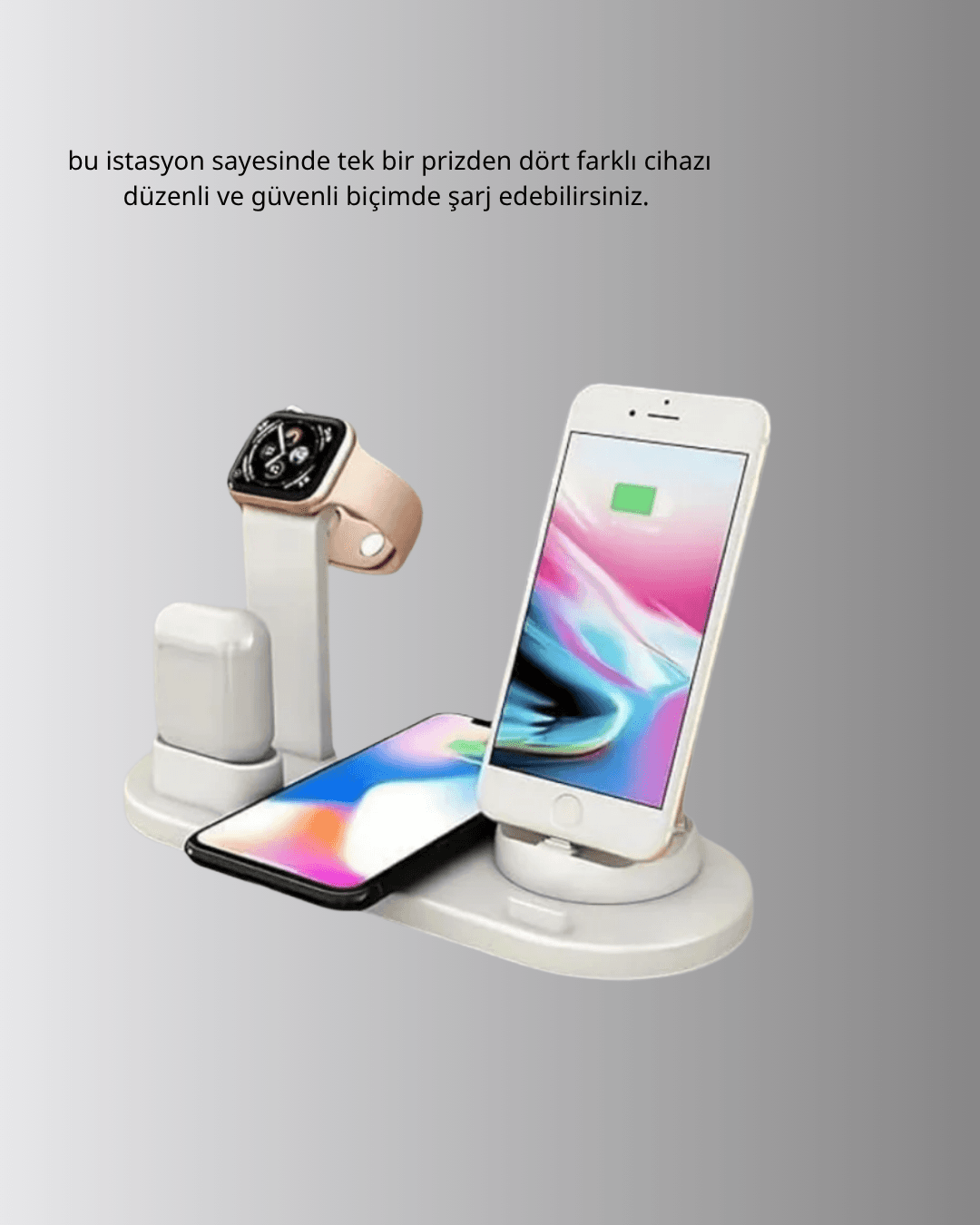 4’lü Apple Kablosuz Şarj Standı iPhone Watch ve AirPods Çoklu Şarjlı 5