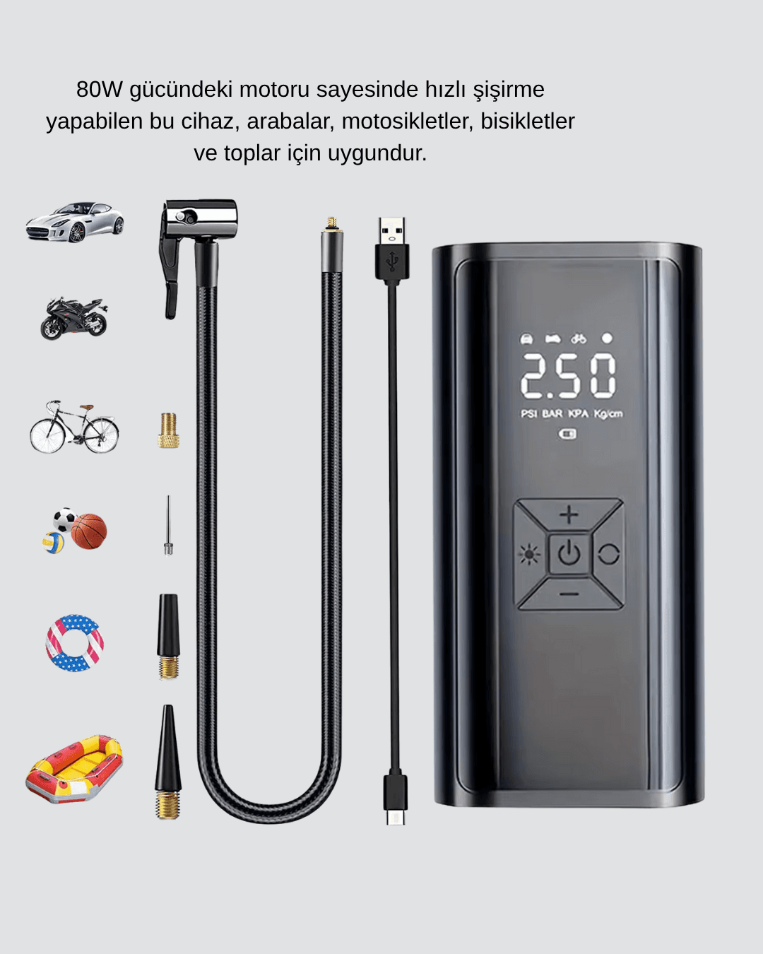 Taşınabilir 80W Kablosuz Lastik Şişirme Pompası Dijital Ekranlı 5