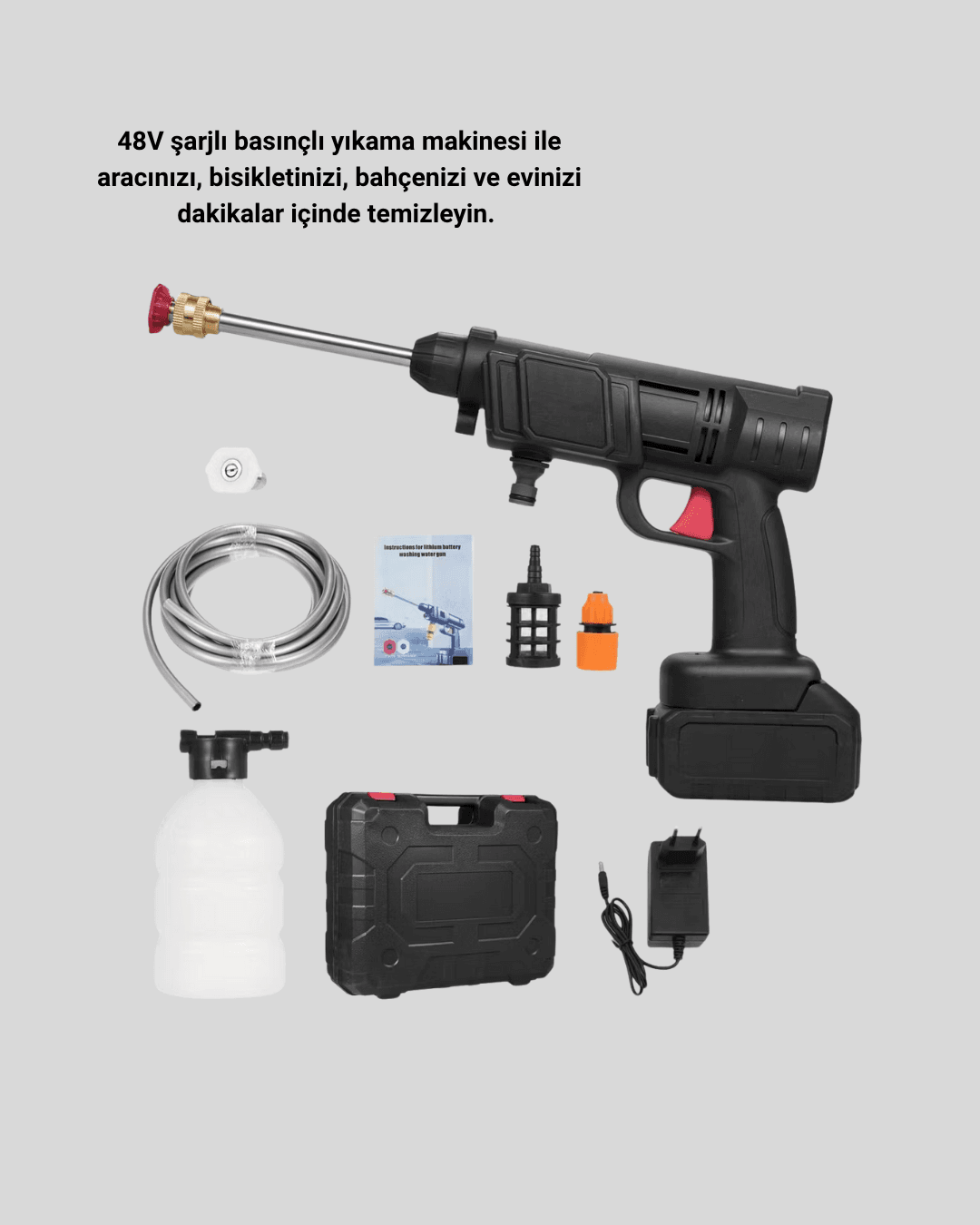 Kablosuz Basınçlı Yıkama Makinesi – 48V Güçlü Motor, 2 Pil ve Köpük Hazneli 6