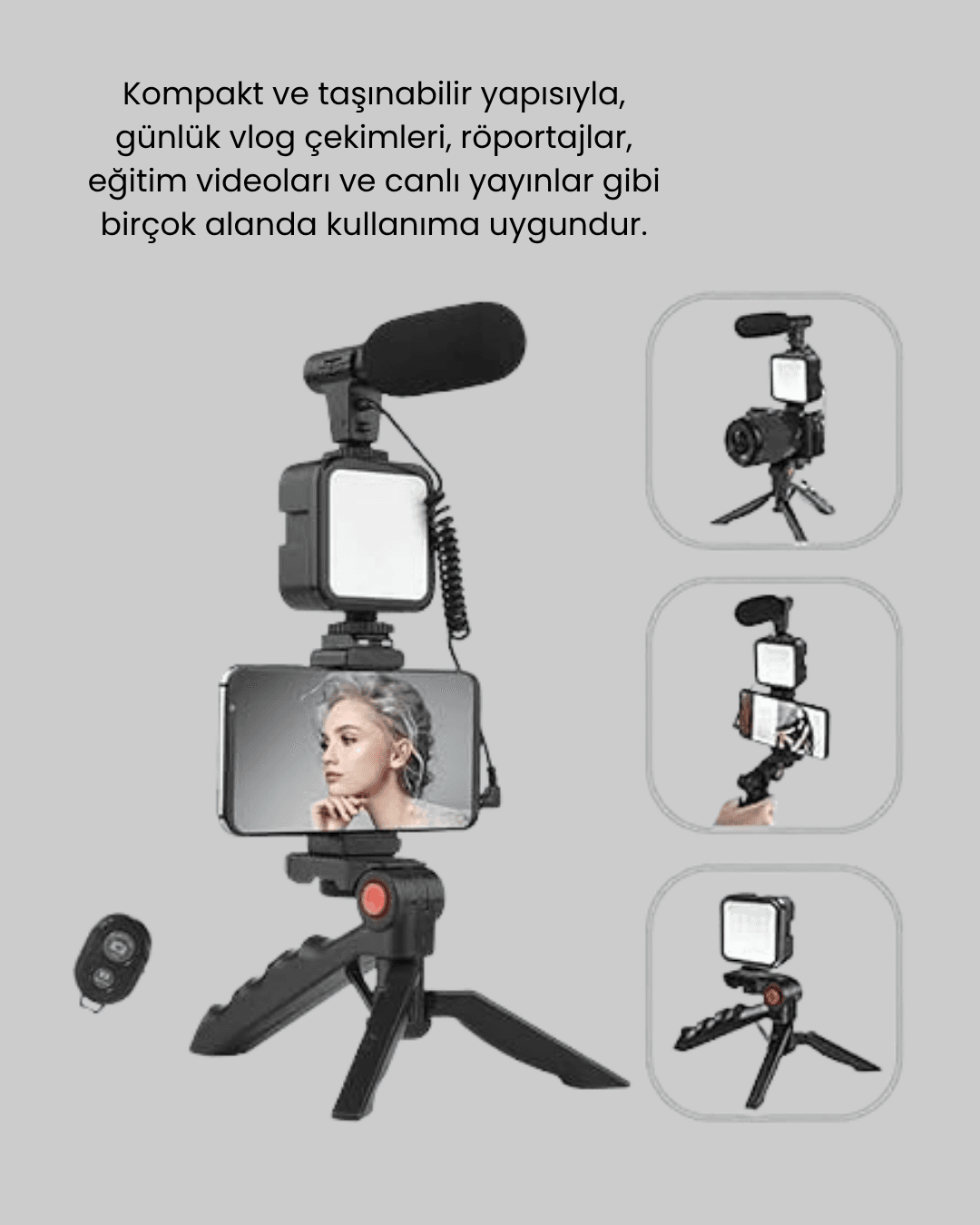 Profesyonel Vlog Çekim Kiti LED Işıklı Tripod Mikrofonlu Telefon Seti 6