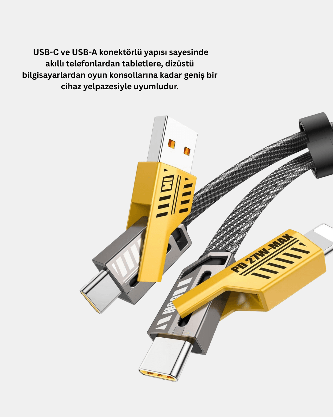 65W 4’ü 1 Arada Örgülü Hızlı Şarj Kablosu USB-C USB-A Çoklu Şarj Dayanıklı 6