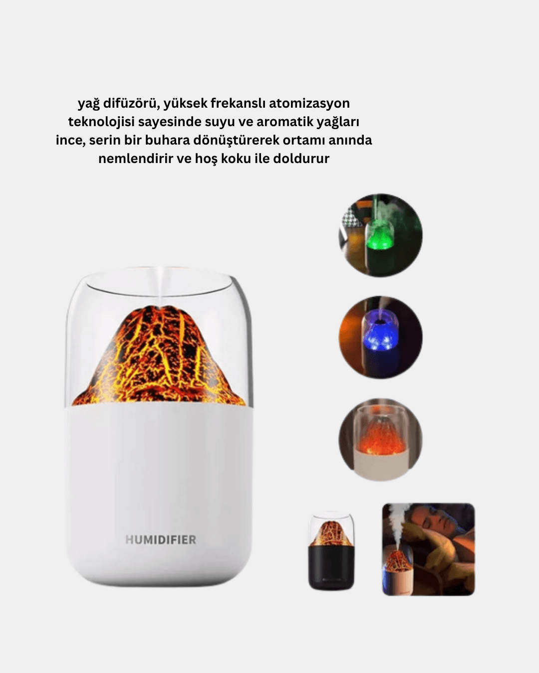 280ml Alev Işıklı Ultrasonik Hava Nemlendirici Sessiz ve USB Şarjlı 6
