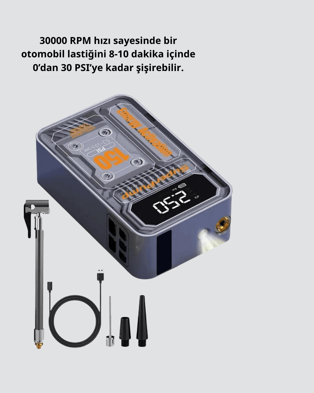 Şarjlı Kablosuz Hava Pompası – 150 PSI Basınç, LED Ekran ve 6000mAh Batarya 6
