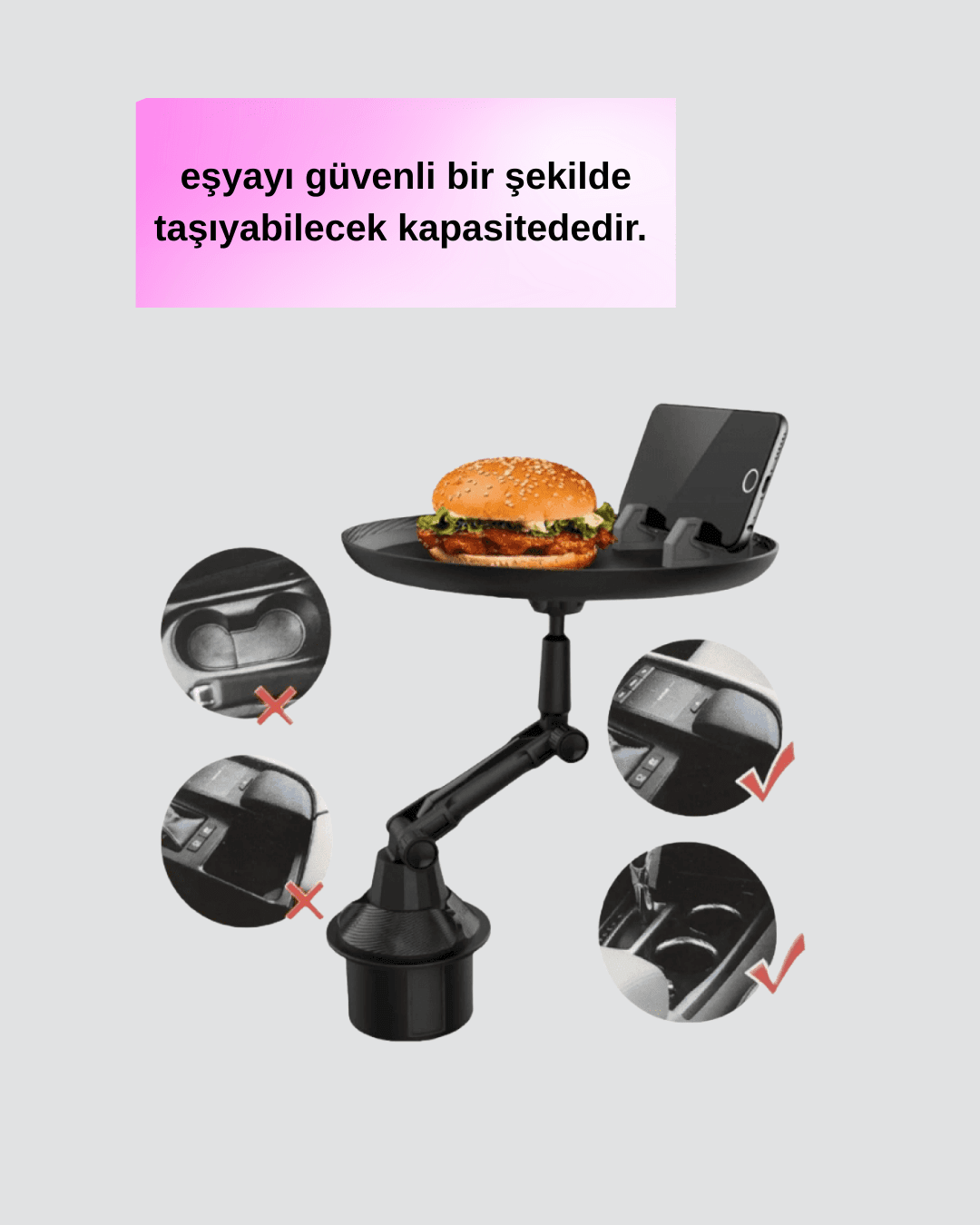 360° Döner Araç Bardaklık Tepsisi Geniş Yemek Alanlı Telefon Standlı 5
