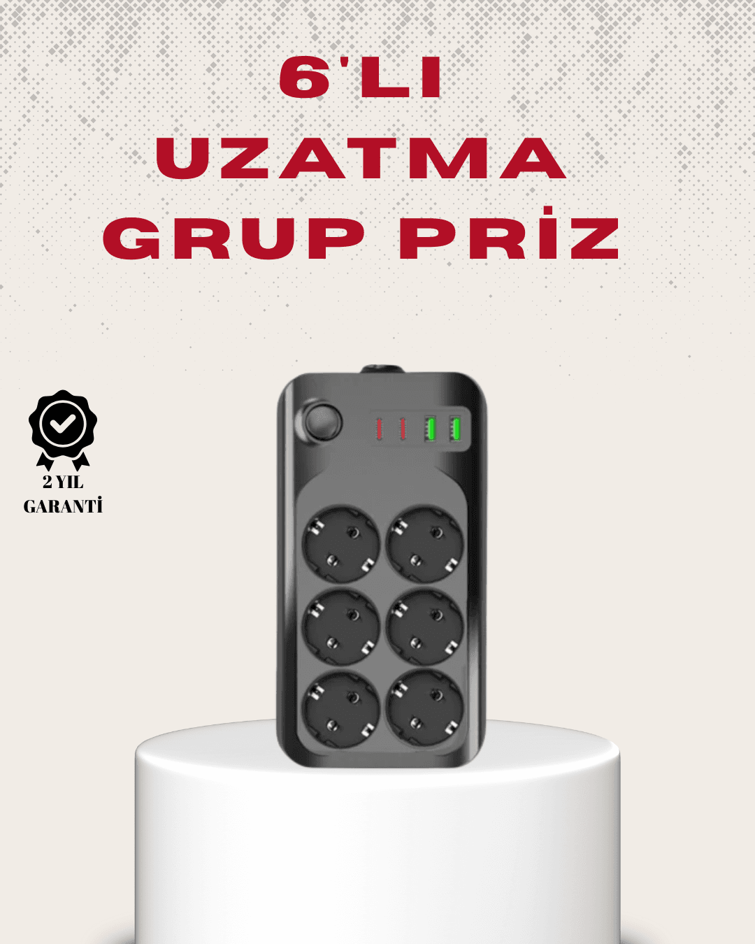 6’lı Grup Priz Termal Korumalı USB Type-C Çoklu Priz 2 Metre Kablo