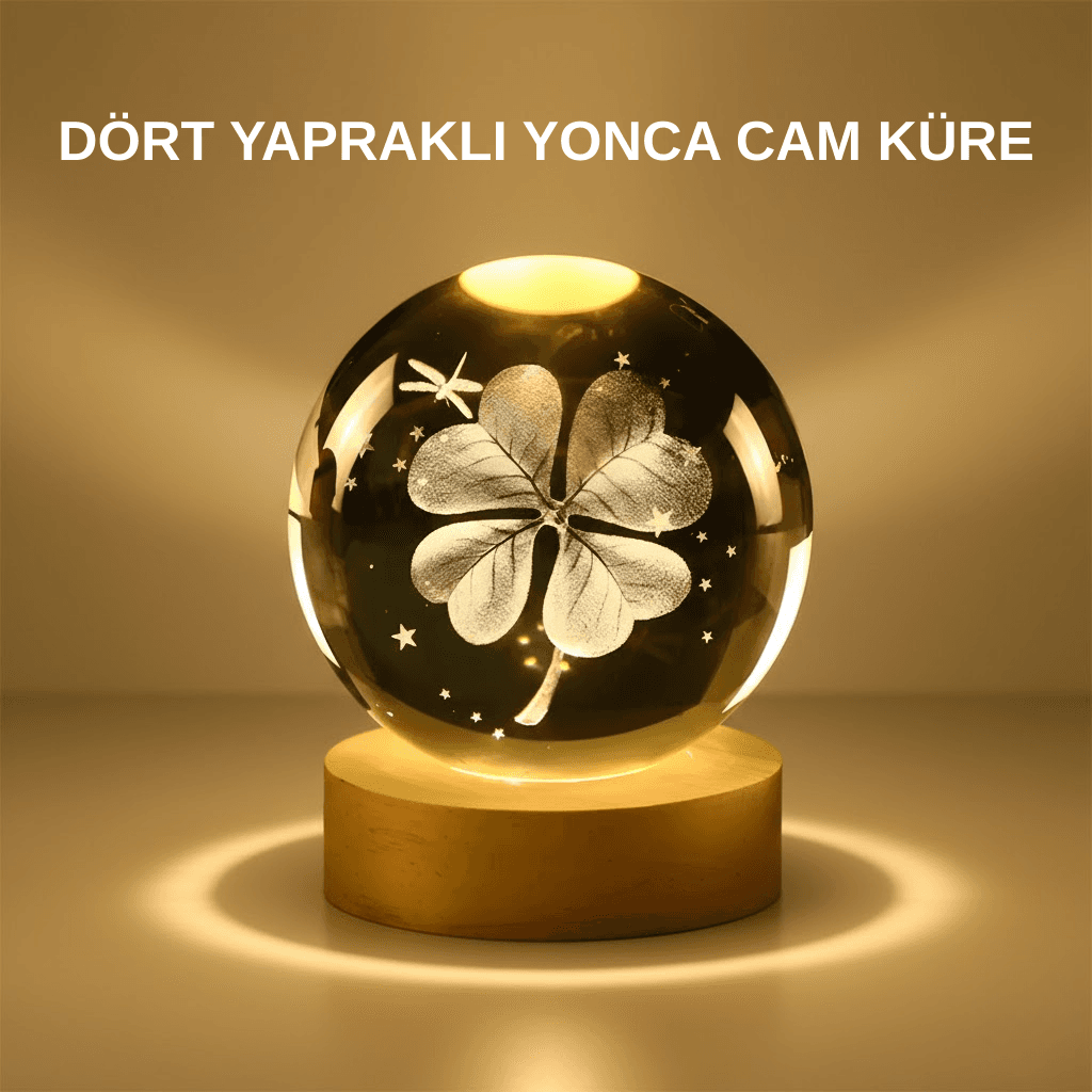 Dekoratif Yonca Görünümlü Işıklı Kristal Cam Küre USB Masa Gece Lambası