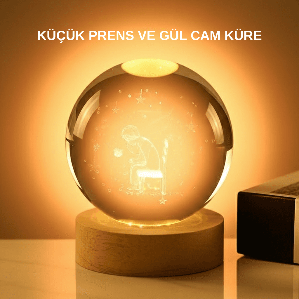 8 cm Küçük Prens Cam Küre USB Işıklı Ahşap Tabanlı Dekor