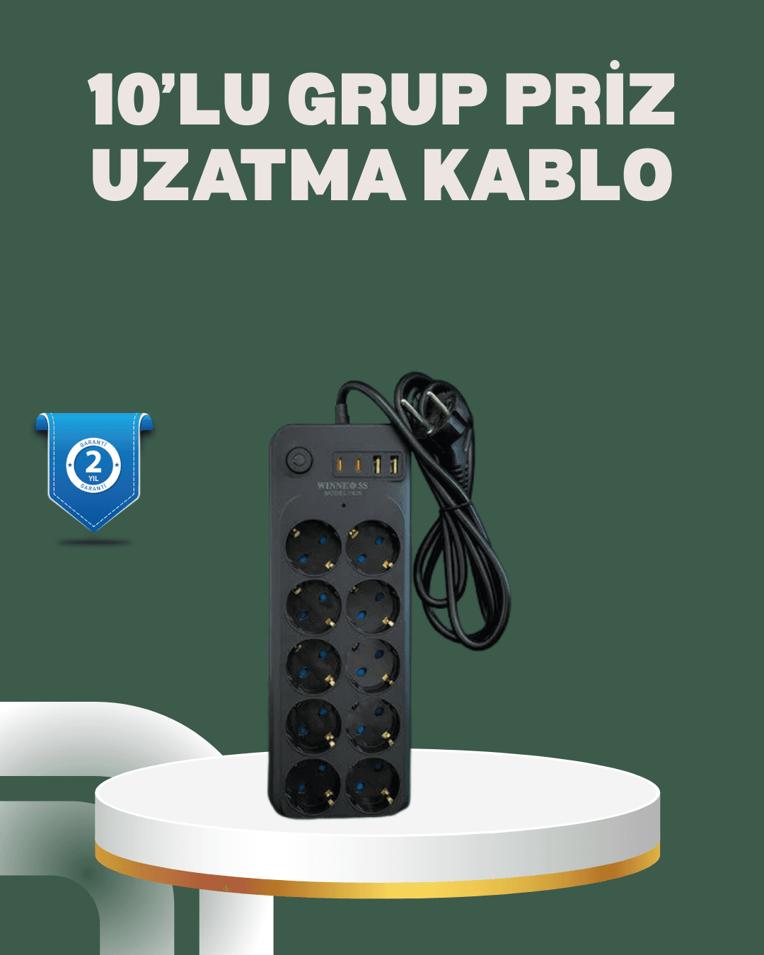 Termal Koruma Sistemli USB Type-C 10’lu Grup Priz 2m 2500W Güç Kapasiteli