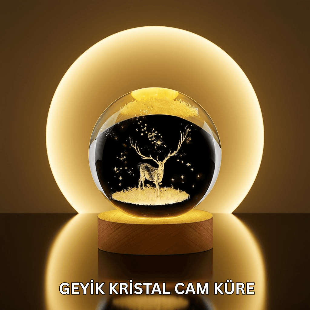 Doğal Ahşap Standlı Geyik Figürlü Kristal Küre LED Dekoratif Lamba