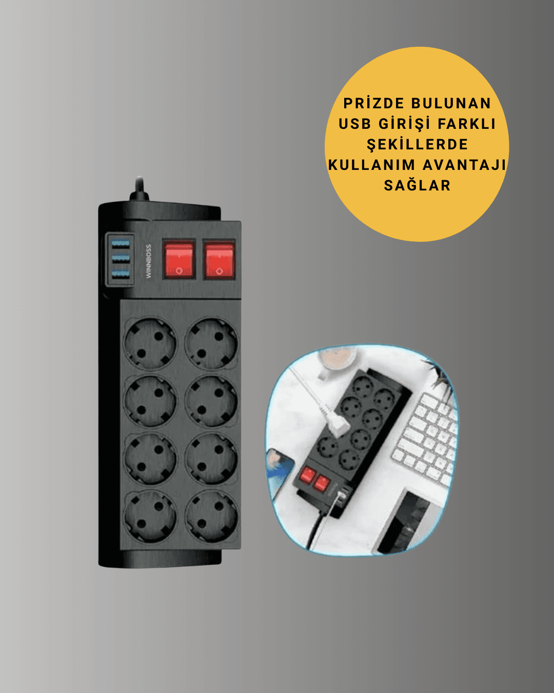 2 Metre Güçlü Çoklu Priz 8 Soket 3