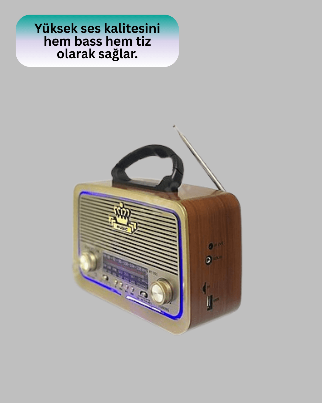 Eskitme Tasarımlı Ahşap Bluetooth Radyo LED Aydınlatmalı 3