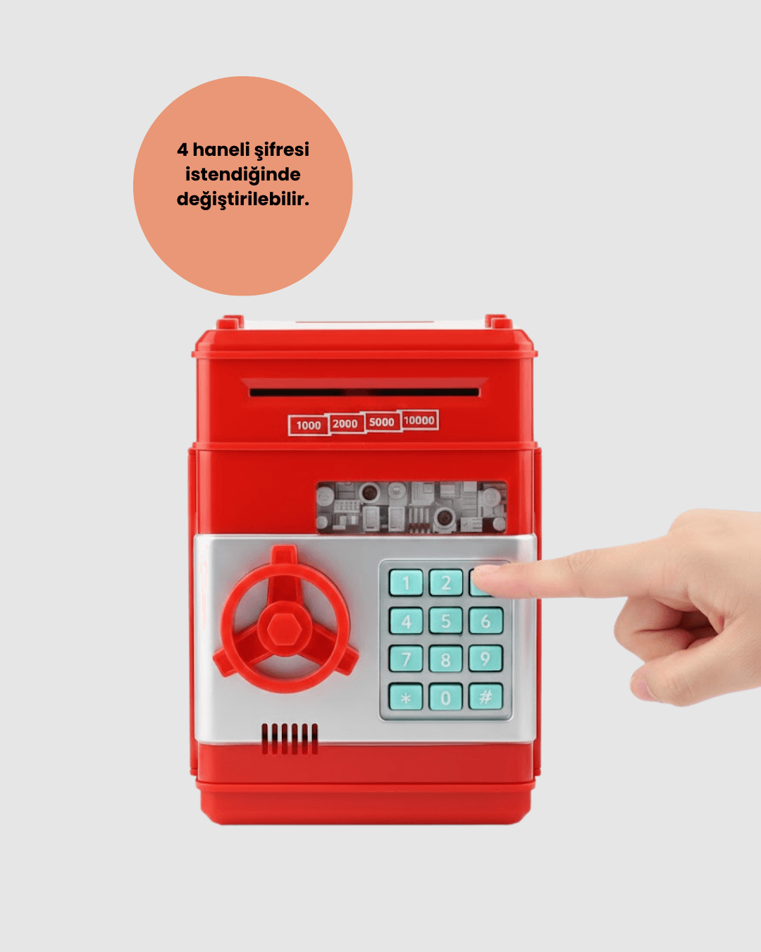 Kırmızı ATM Tasarımlı Şifreli Para Kasası Kumbara - Güvenli ve Eğlenceli Birikim 4