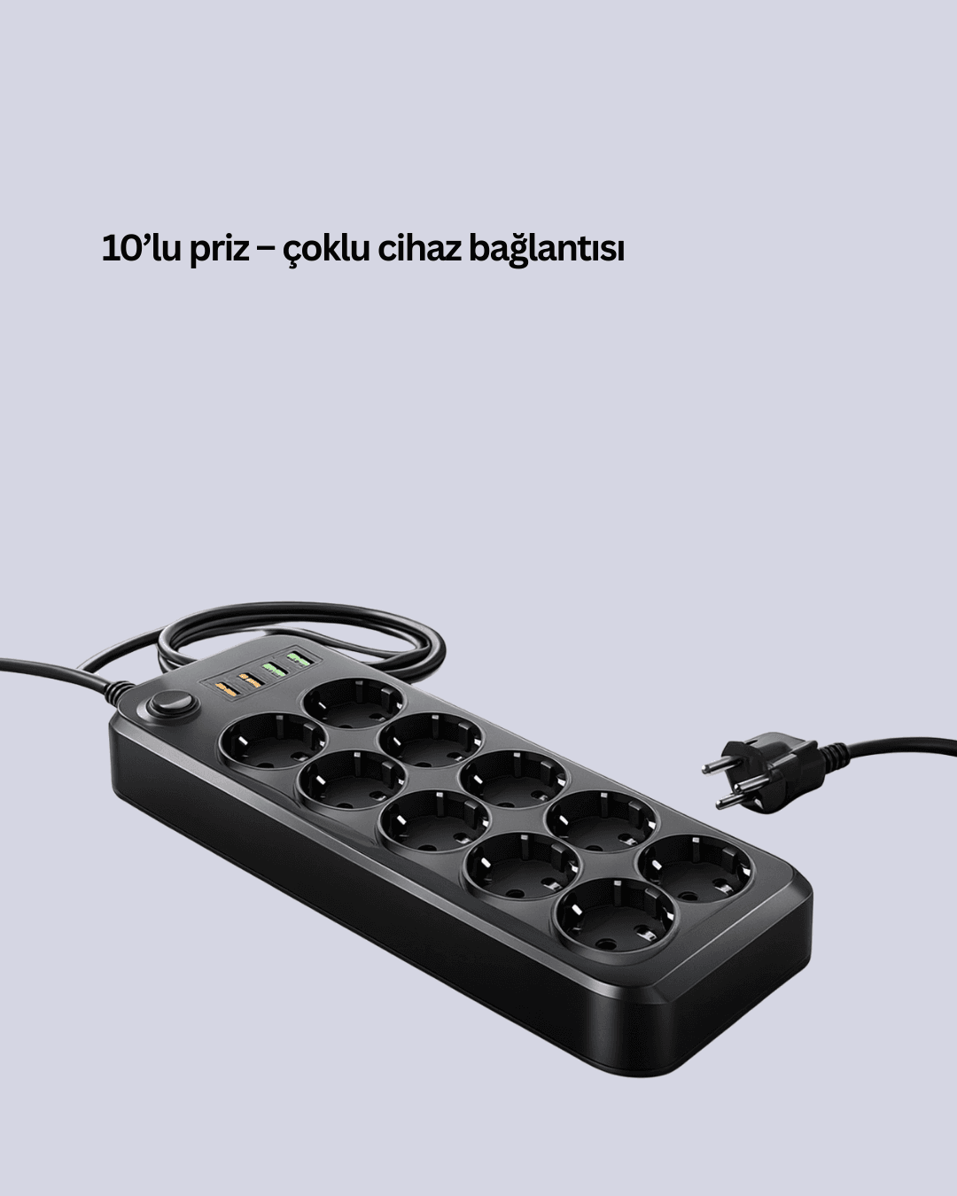 10’lu Çoklu Priz Termal Korumalı USB Type-C Çıkışlı 2500W Uzatma Kablosu 4
