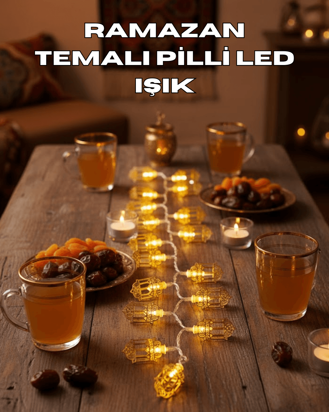 Ramazan Işıkları Pilli Altın Fener Tasarımlı Dekoratif LED Aydınlatma