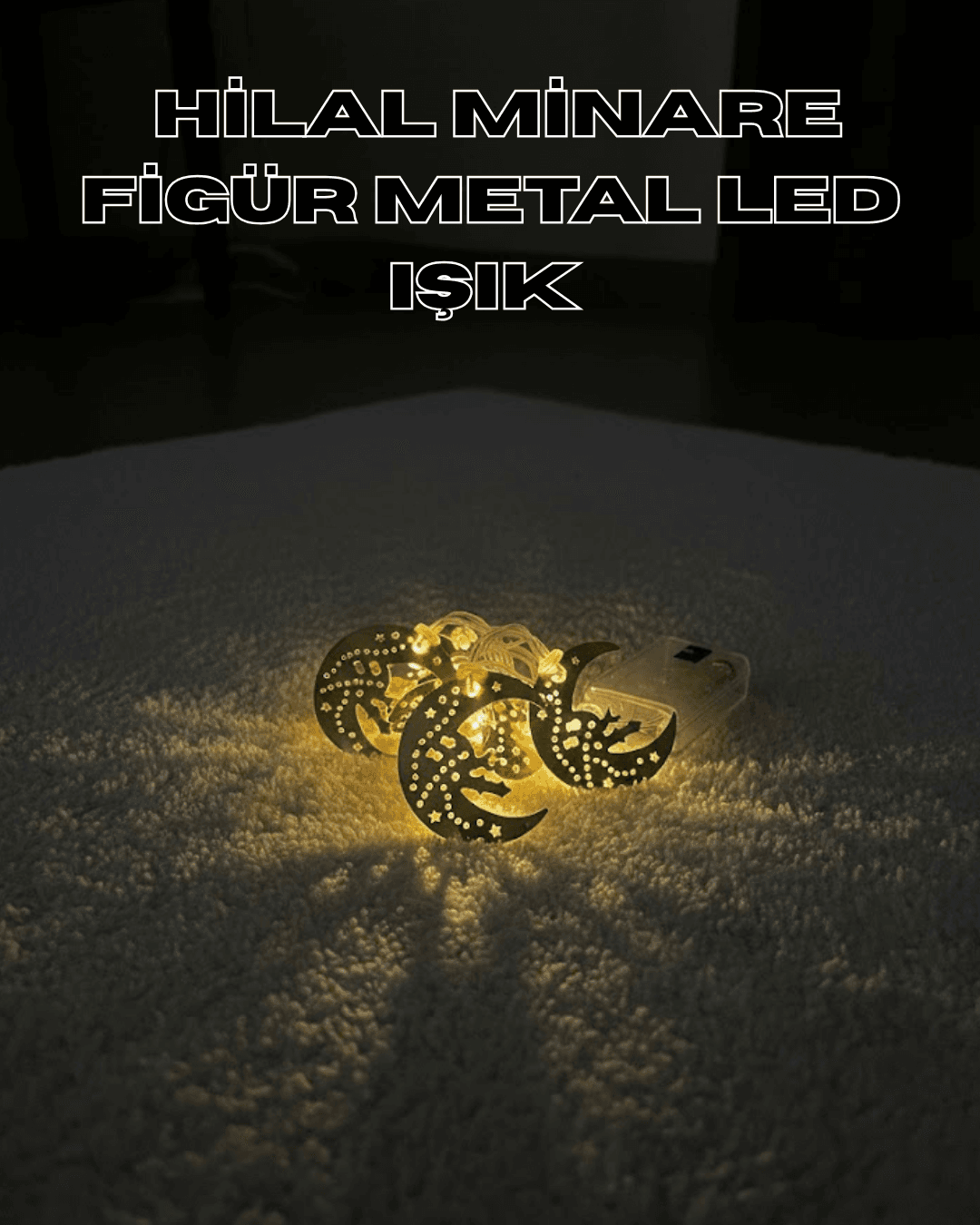 Gold Renk Metal Minareli Hilal LED Işık Pilli Ramazan Süsü
