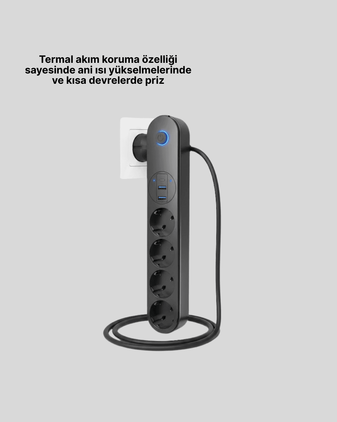 4’lü Çoklu Priz 2 USB Type-C Girişli Akım Korumalı Siyah 4