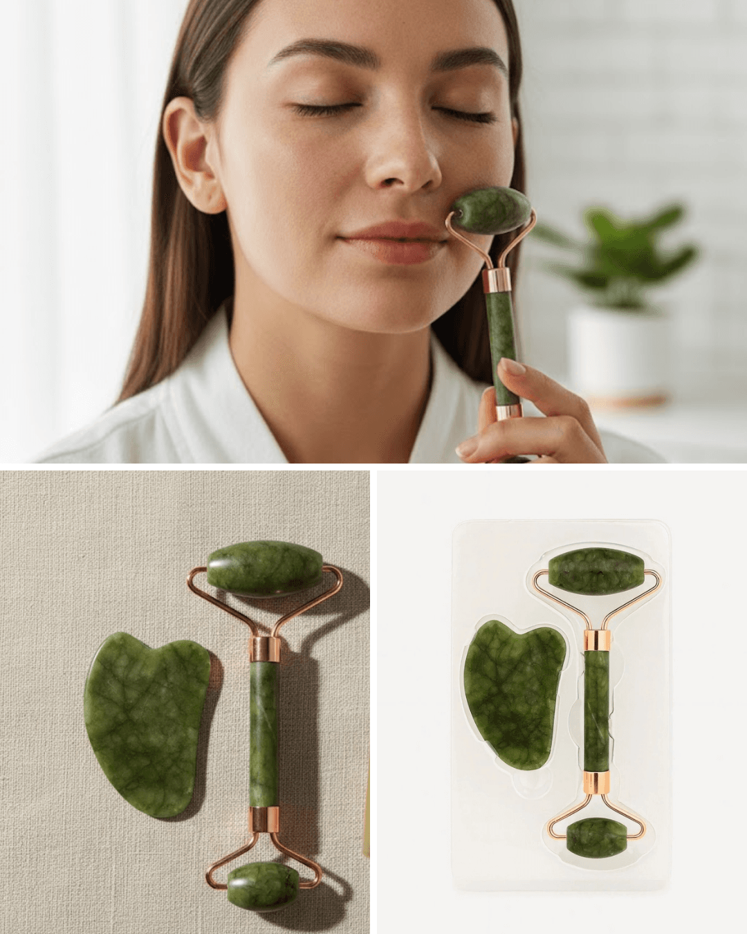 Doğal Yeşim Taşı Yüz Masaj Roller ve Gua Sha Seti 2 Parça Çift Başlıklı