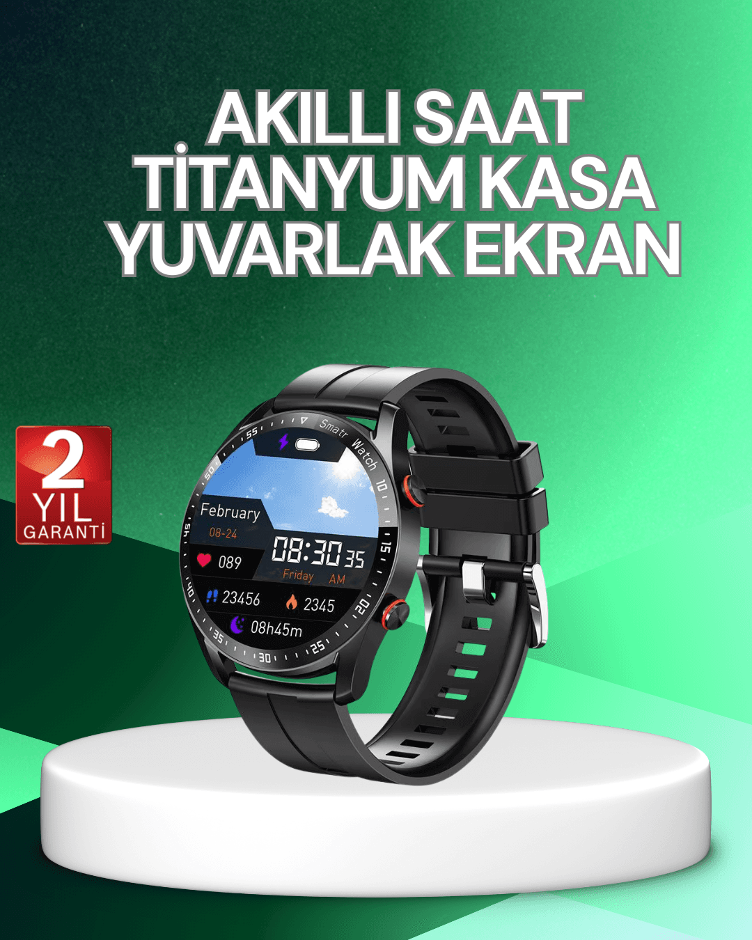 Akıllı Saat Titanyum Kasa Yuvarlak Ekran Alarm Uyku Sağlık Takibi Titreşimli