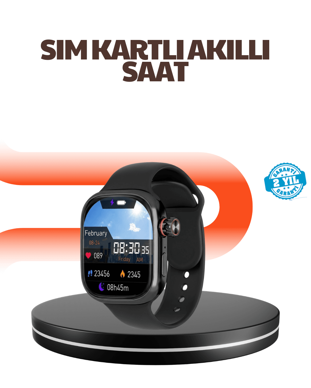Telefon Bağımsız SIM Kartlı Akıllı Saat - Nabız Ölçer, GPS ve Siyah Deri Kordon
