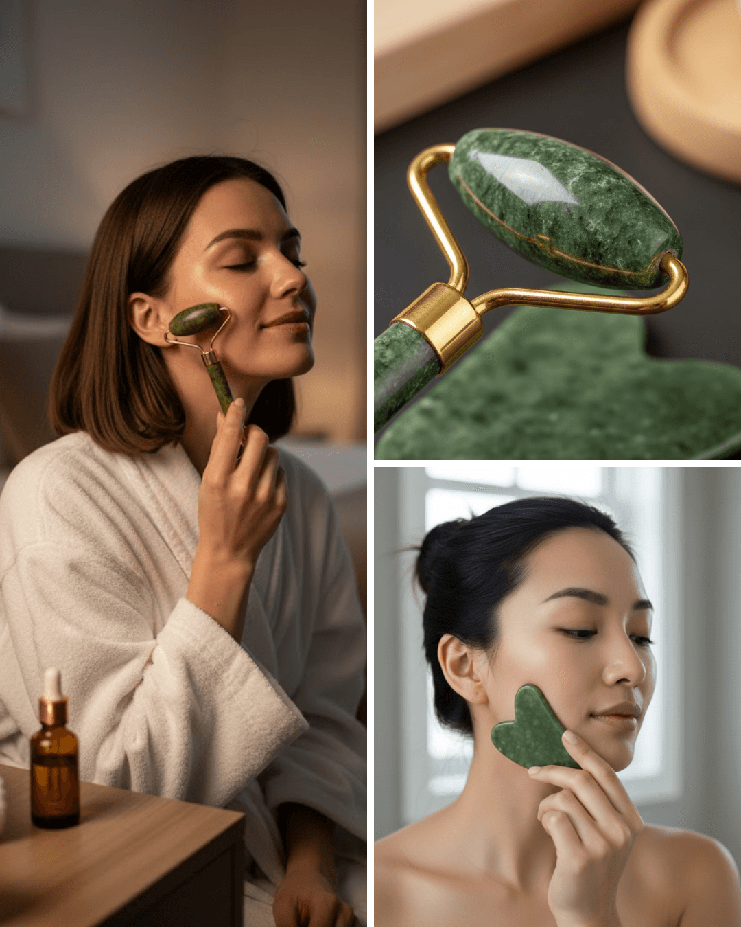 Yüz Masaj Aleti Roller ve Gua Sha 2li Set - Doğal Yeşim Taşı Cilt Bakımı