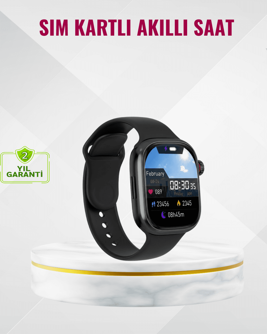 Uyku Takipli GPS'li SIM Kart Destekli Akıllı Saat - Siyah Deri Kordon