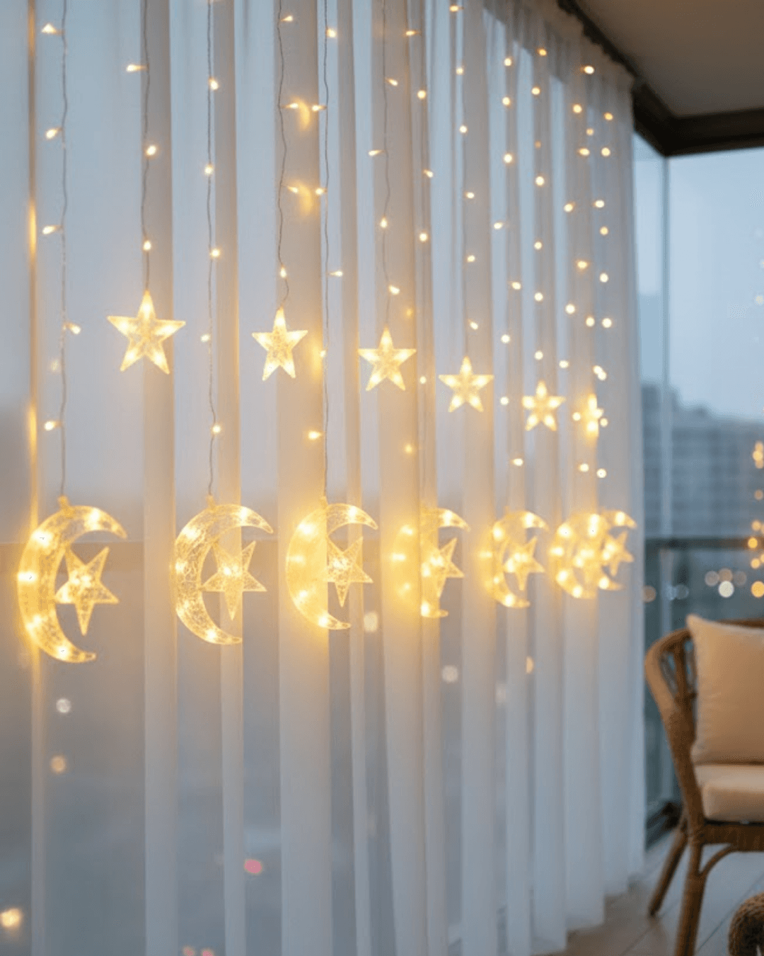 Hilal Yıldız LED Perde Işık Balkon Pencere ve Oda Dekorasyonu Sıcak Beyaz