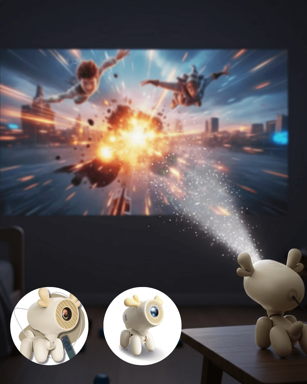 Döner Başlıklı Akıllı Projeksiyon 4K 500 ANSI Lümen HDMI USB TF Girişli Geyik Formlu