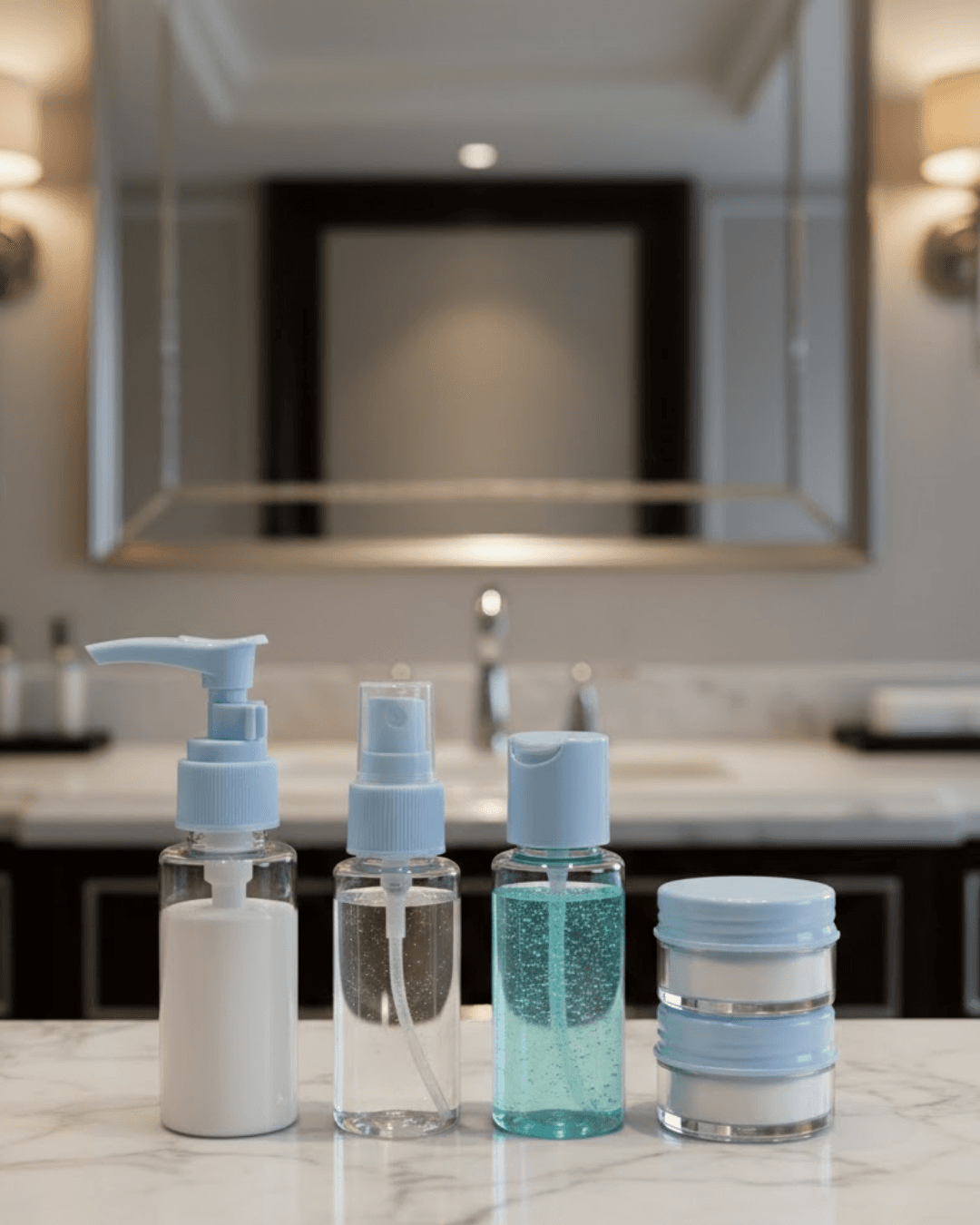 Kompakt 5'li Seyahat Banyo Şişe Takımı Çantalı - Sızdırmaz ve Şeffaf