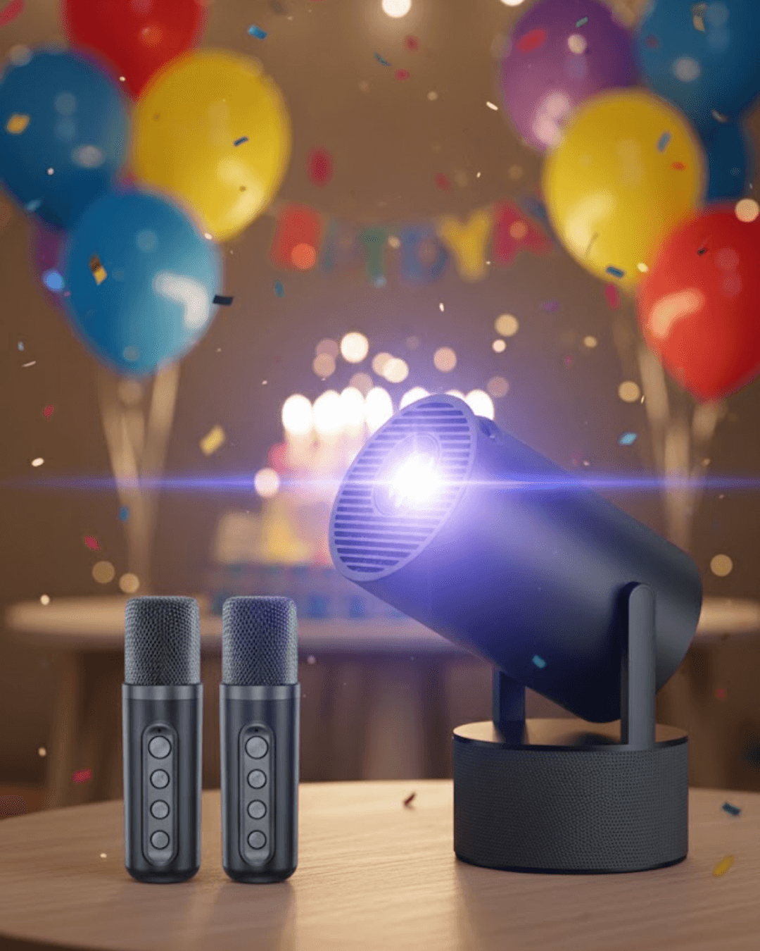 Karaoke Projeksiyon Cihazı 1080P Çift Mikrofon Bluetooth Hoparlör Siyah