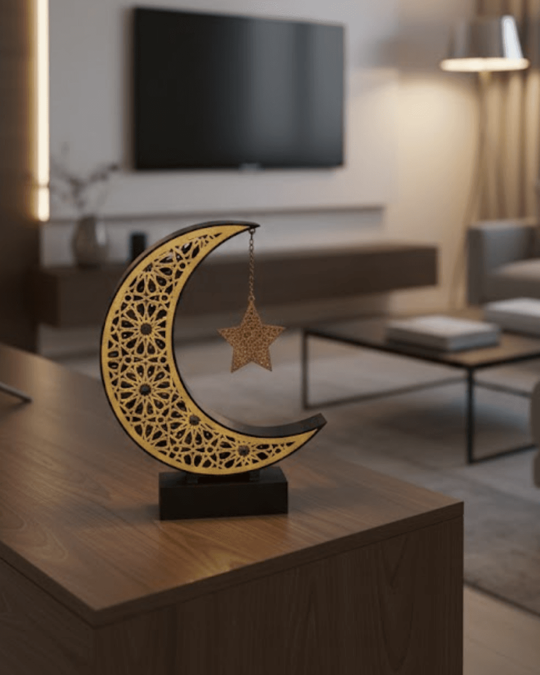 3D Hilal Yıldız Ramazan Dekoru 23x23 cm - Masaüstü ve Raf İçin Şık Dekoratif Ürün